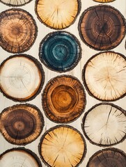 Collection of wooden tree rings cross sections in various colors and sizes arranged on white background, showing natural growth pattern