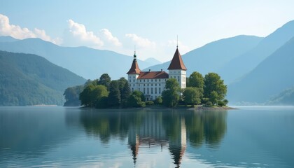 Obraz premium Enchanting lakeside castle a fairytale in nature