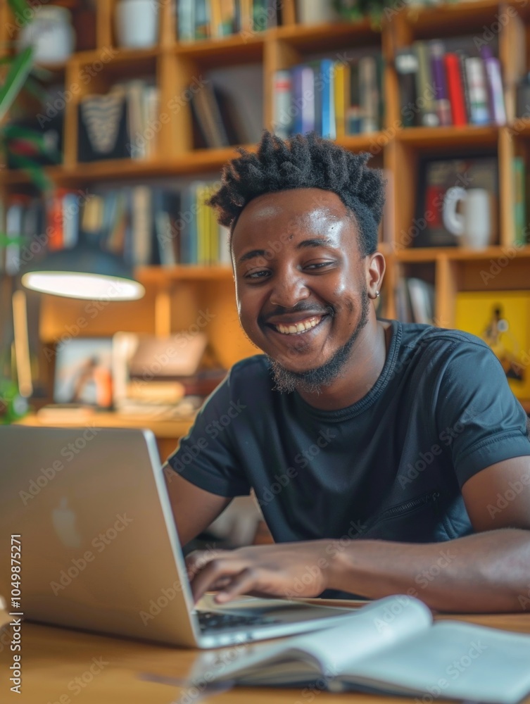 Poster young man is sitting at a desk with a laptop and smiling. he is using the laptop to work or browse t