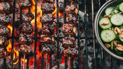 Grilled skewers sizzling over flames next to a fresh cucumber salad, showcasing delicious barbecue and vibrant colors.