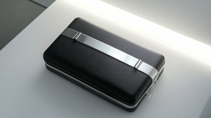 Minimalist black and silver luggage tag lying flat on a sleek white surface with subtle lighting travel and hospitality luxury in effortless travel