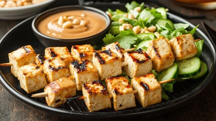 Grilled tofu skewers with fresh vegetables, served alongside a bowl of peanut sauce, perfect for health-conscious eaters.