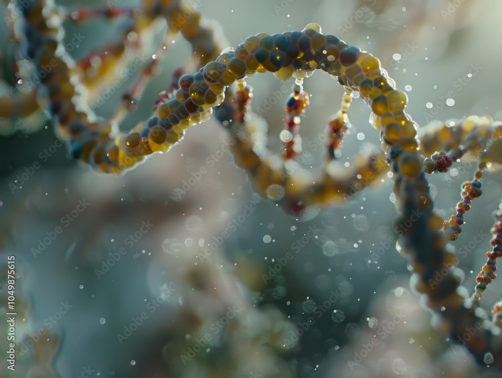 Poster close up of a dna strand with a blurry background. concept of mystery and complexity, as the viewer 