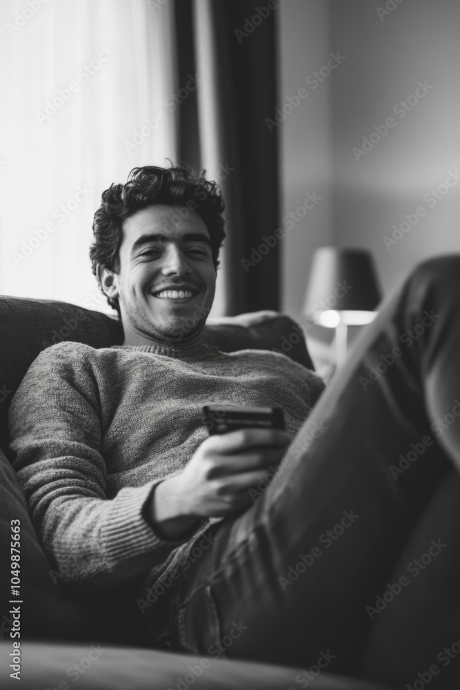 Poster man is sitting on a couch with a remote in his hand. he is smiling and he is enjoying himself