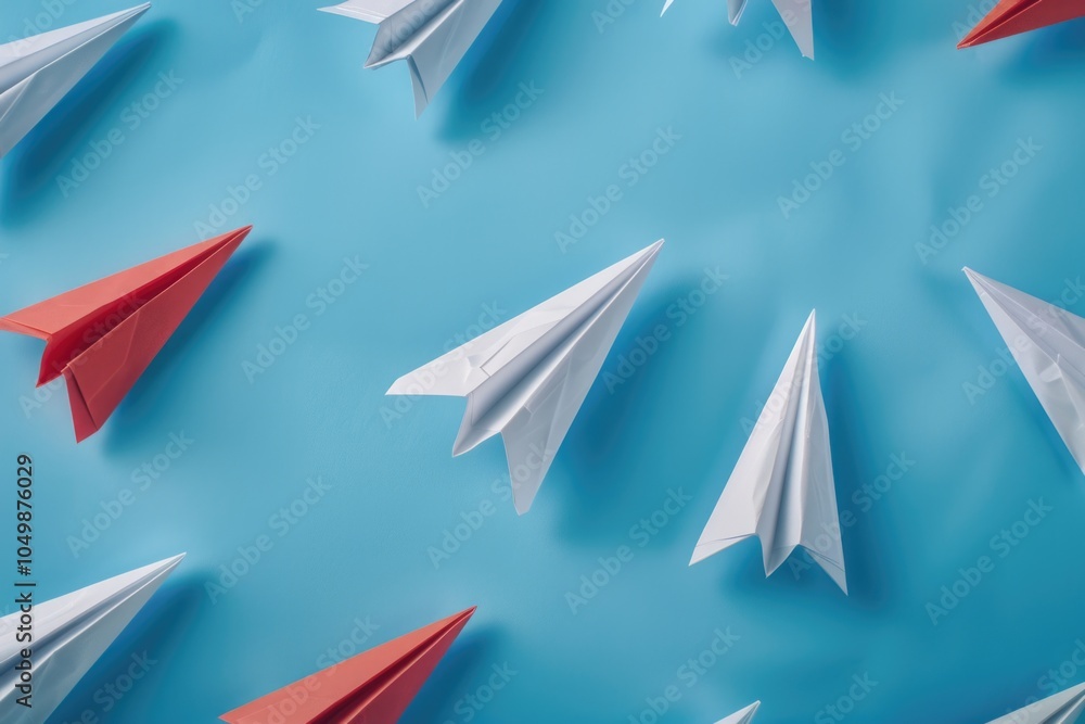 Poster blue background with a bunch of paper airplanes flying in different directions. the airplanes are of