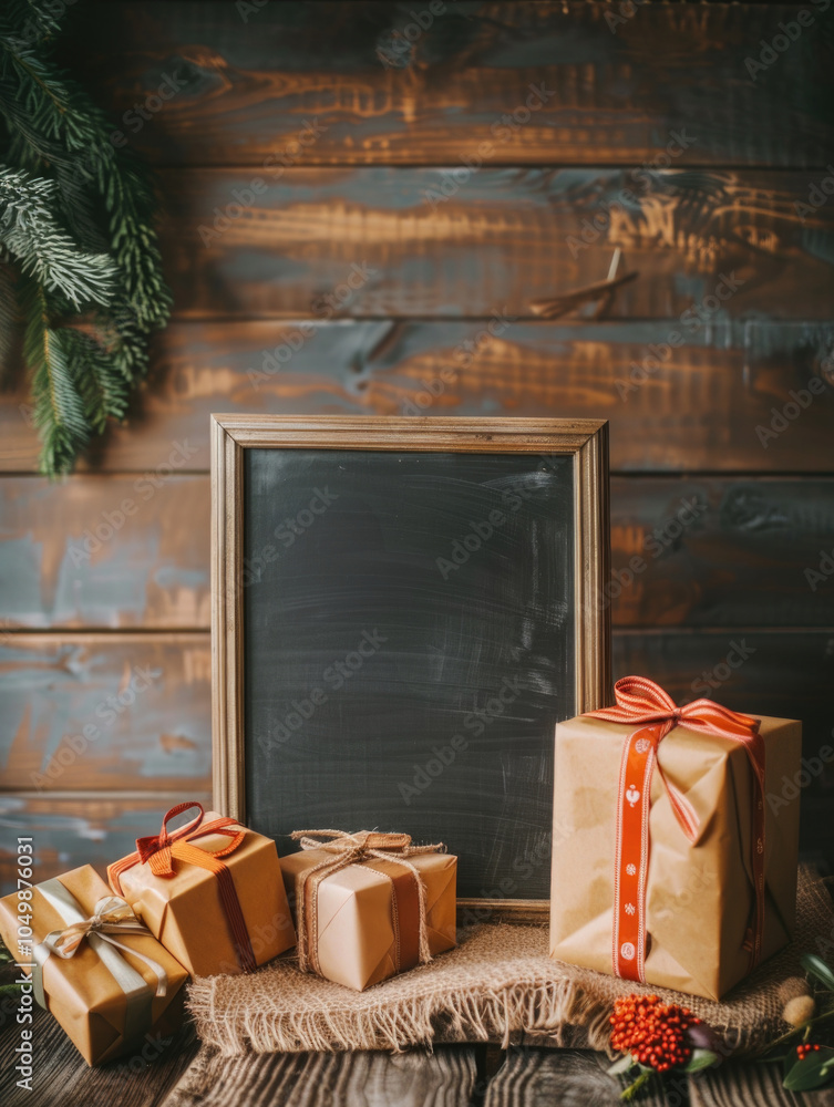Poster blackboard sits in front of a pile of presents. the presents are wrapped in brown paper and have red