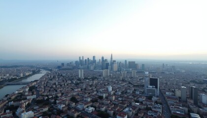  Bustling cityscape at sunrise with river and skyline