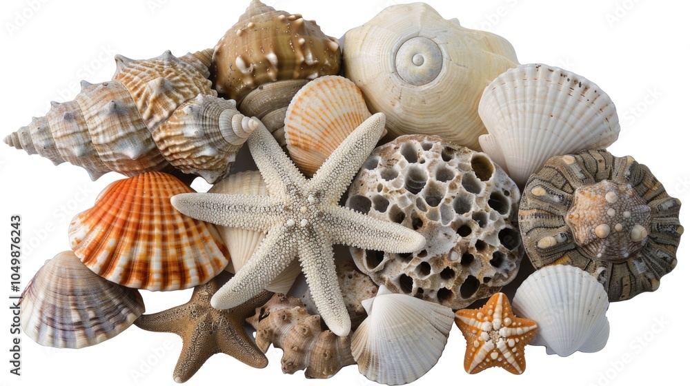 Poster collection of seashells and starfish are displayed on a white background. the seashells come in vari