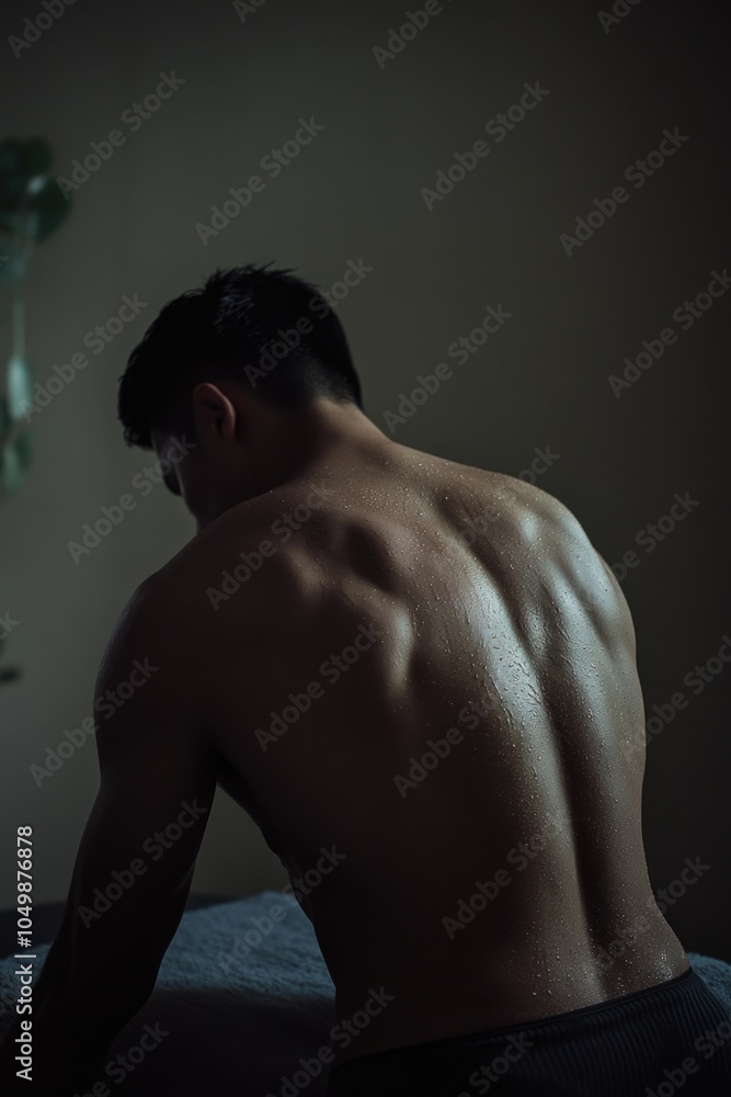 Poster man with a wet back is sitting on a bed. scene is relaxed and comfortable