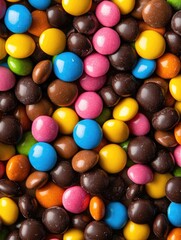 Bunch of colorful candies are piled on top of each other. The candies are of different colors and sizes, creating a vibrant and playful scene. Concept of fun and indulgence