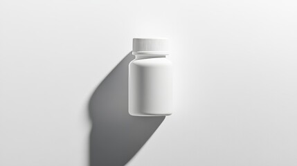 Single white pill bottle centered on a smooth white background casting a subtle shadow healthcare clean design for modern wellness