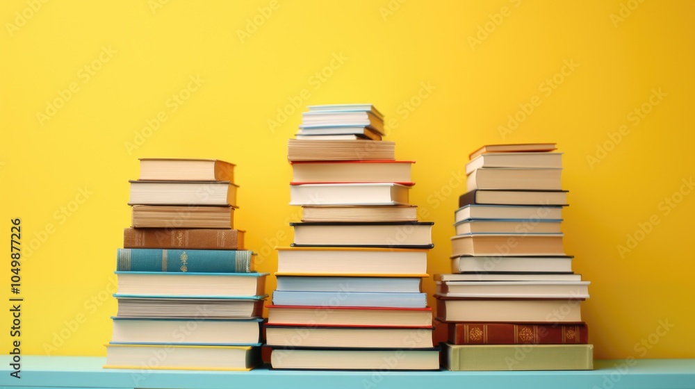 Poster stack of books on a shelf with a yellow background. the books are of different sizes and colors, and
