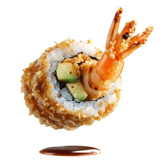 Tempura roll with shrimp and avocado, professional food photo, top view composition, isolated on white background 
