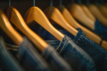 A row of clothes hanging on a rack, with the top of the rack