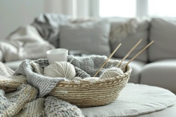 A basket of yarn and knitting needles sits on a table in a living room