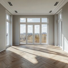 Fototapeta premium Bright and airy room with wooden flooring and large windows capturing natural light