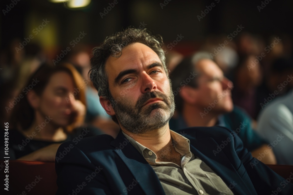 Poster man with a beard and mustache sits in a theater with a group of people. he is bored and uninterested