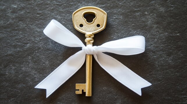 An old-fashioned gold key tied with a white ribbon on a clean surface for unlocking memories for sentimentality
