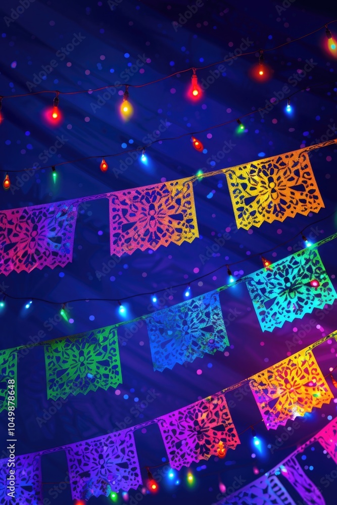 Poster colorful display of paper lanterns with lights hanging from them. the lights are in various colors a