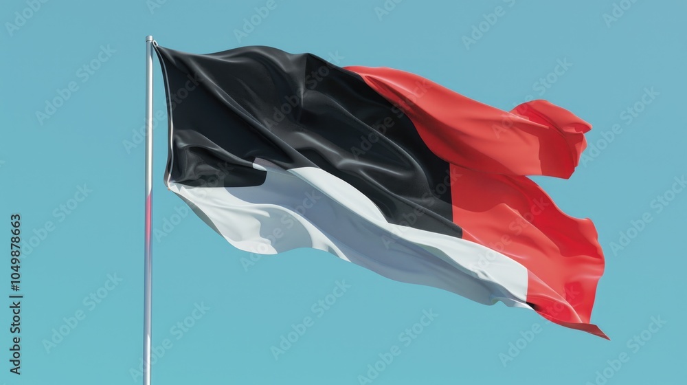 Poster flag with a black and white design and red trim. the flag is blowing in the wind