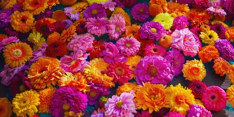 Colorful bouquet of flowers with a variety of colors including pink, orange, and yellow. The flowers are arranged in a way that creates a vibrant and lively atmosphere