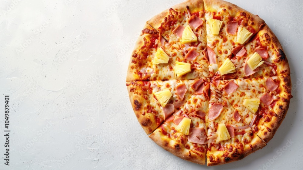 Poster pizza with pineapple and ham toppings sits on a white background. the pizza is sliced into eight pie