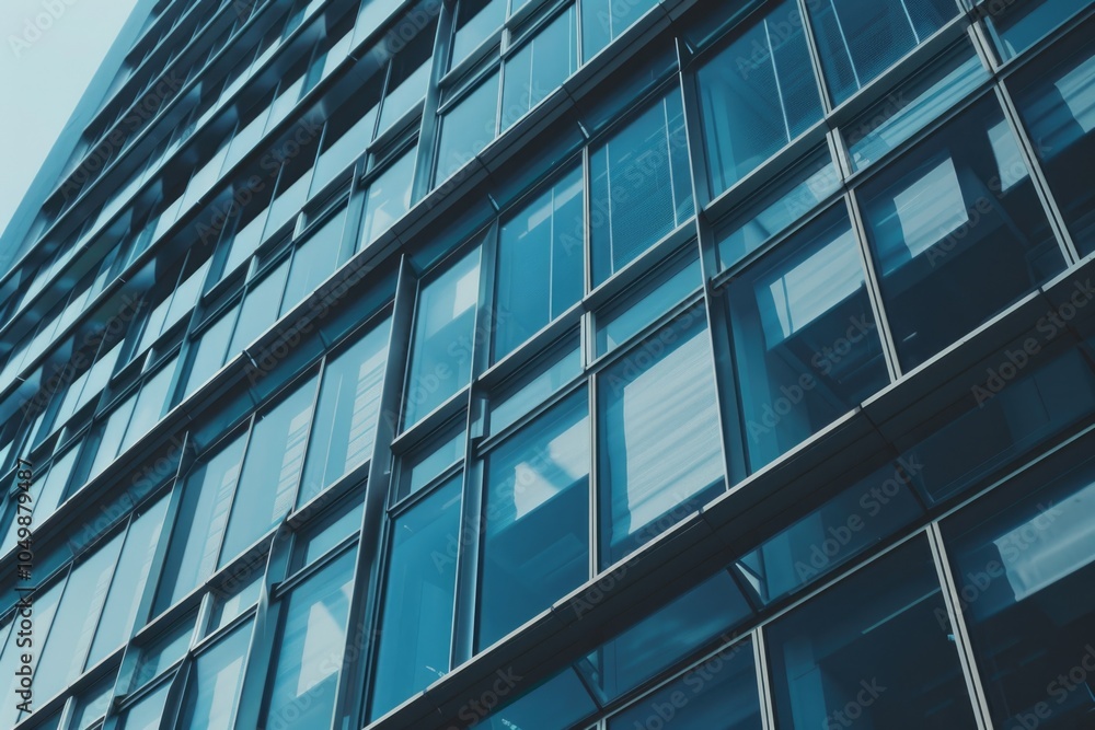 Poster tall building with many windows and a blue sky in the background. the windows are clear and shiny, r