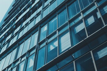 Tall building with many windows and a blue sky in the background. The windows are clear and shiny, reflecting the sunlight. The building appears to be a modern office building with a sleek