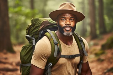 Fototapeta premium Man wearing a brown hat and a green backpack is standing in a forest. He looks tired and is ready to go on a hike