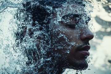 Fototapeta premium A young man submerged underwater with water splashes around his face during daylight