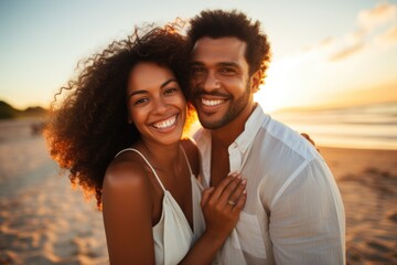 Obraz premium Couple is smiling and hugging on a beach. The woman has curly hair and the man is wearing a white shirt. Scene is happy and romantic