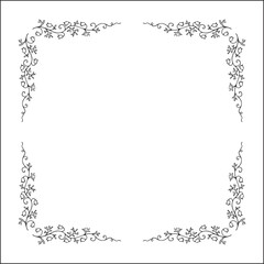 Elegant black and white vector square decorative frame, vegetal ornamental frame with flowers, decorative border, corners. Isolated vector illustration.	