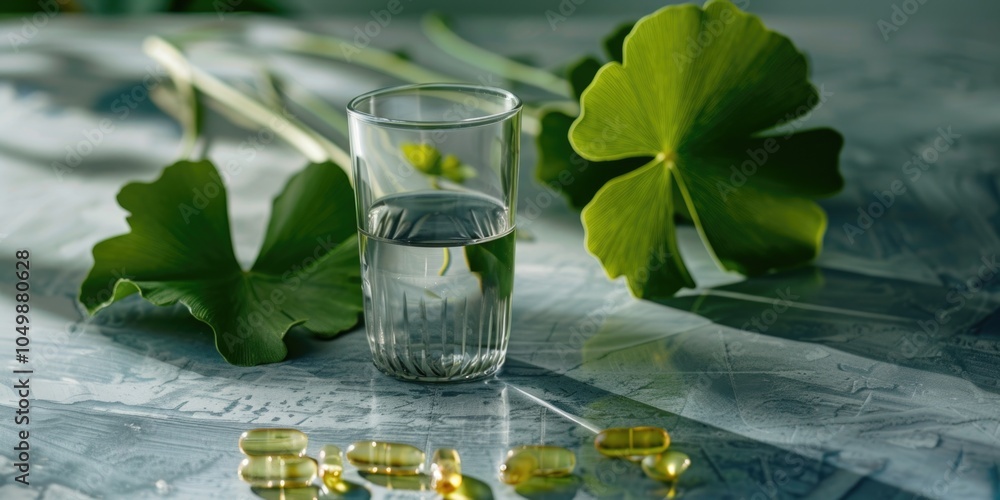 Aufkleber glass of water is on a table with a leaf next to it. the leaf is green and has a stem. there are als
