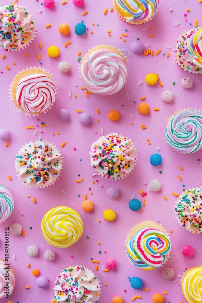 Aufkleber colorful assortment of cupcakes with sprinkles and candy on top. the cupcakes are arranged in a patt