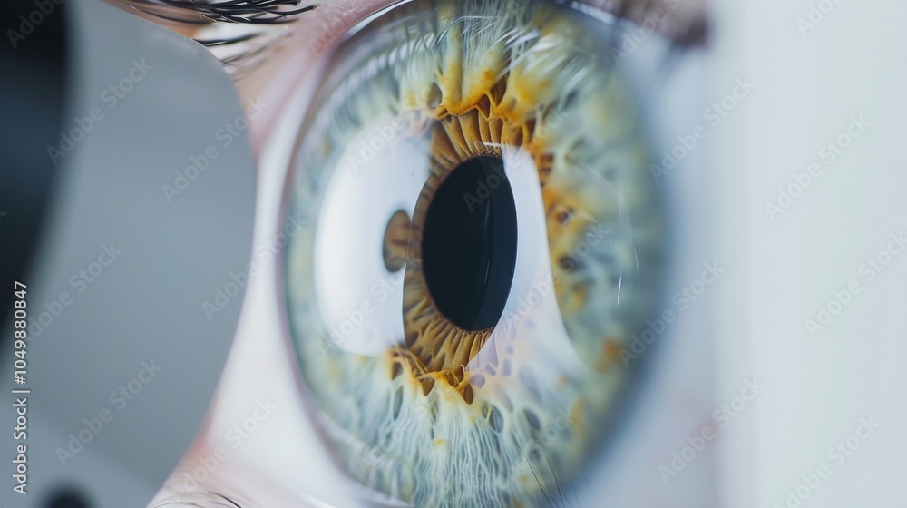 Aufkleber A close-up of a patient's eye with a high-tech digital retinal scan being performed, set against a clean, clinical background