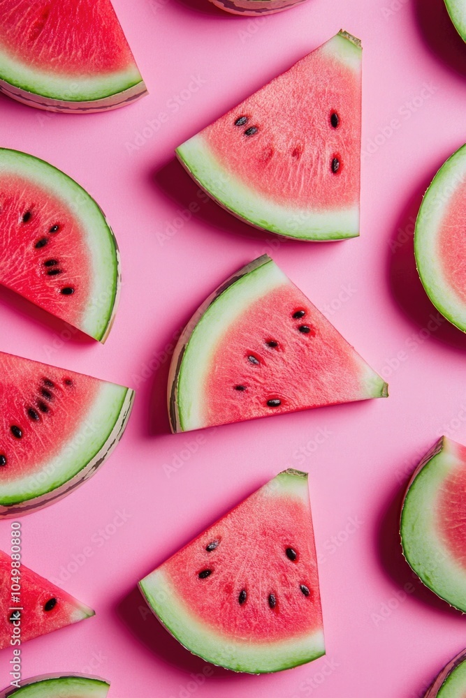 Poster close up of watermelon slices on a pink background. the slices are cut in half and arranged in a pat