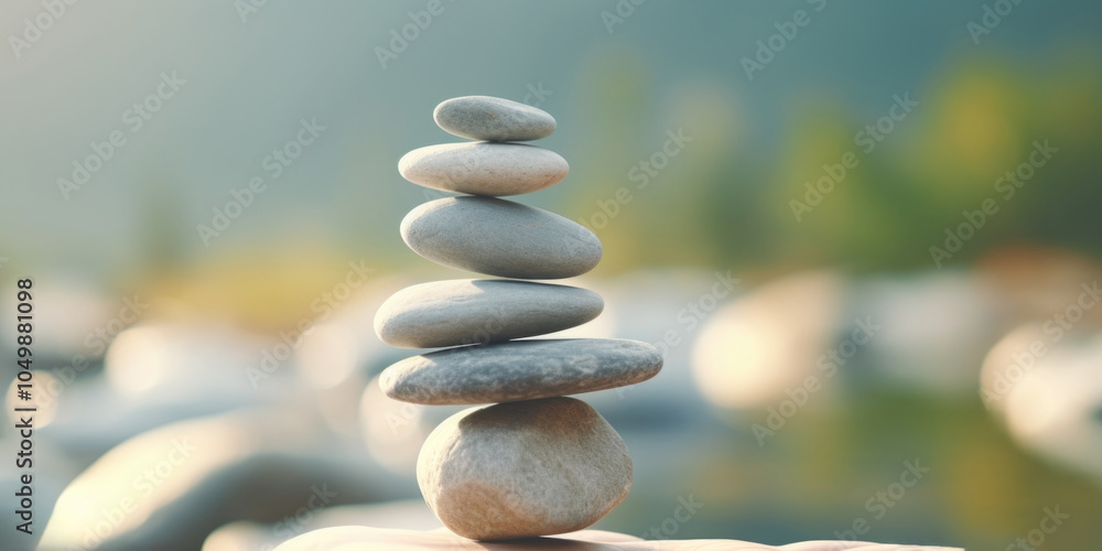 Poster stack of rocks on top of each other. the rocks are grey and the background is a body of water. conce