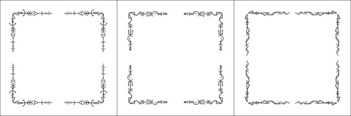 Frame set. Three frames with elegant black and white ornamental frame with Viking runes, decorative border, corners. Isolated vector illustration.	
