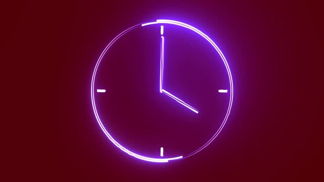 Neon wall Clock nlue color animation. Animated clock icon isolated on deep red background.