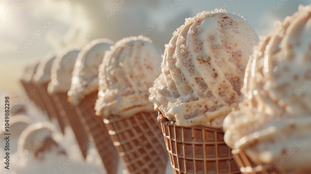 Poster row of ice cream cones with a white frosting and sprinkles. the cones are lined up in a row, and the
