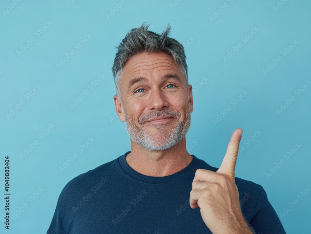 Poster man with a beard and gray hair is pointing to the sky. he is smiling and he is happy