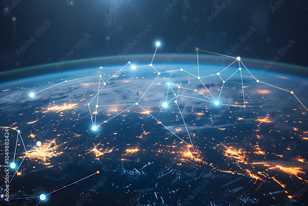 Poster a digital rendering of the earth seen from space, with glowing city lights on its surface and an int