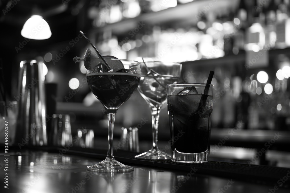 Poster bar with a few drinks on the counter. the drinks are in different glasses and cups. scene is relaxed
