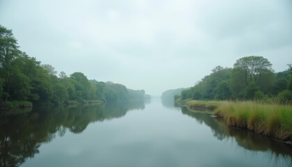 Obraz premium Peaceful river journey under a cloudy sky