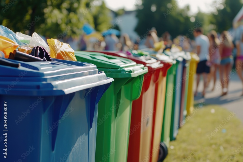 Poster row of trash cans are lined up in a park. the trash cans are of different colors and sizes. there ar