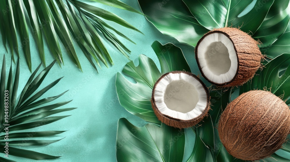 Poster two coconuts are on a green leafy background. the coconuts are cut open and the insides are visible