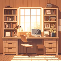 Wooden Desk with Bookshelves and Window Illustration