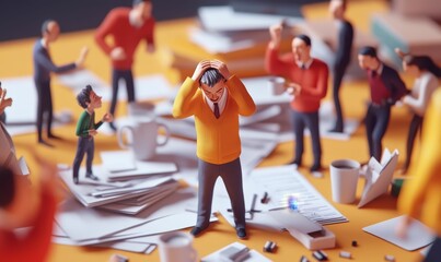 Overwhelmed man surrounded by chaos and coworkers.