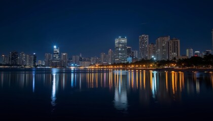 Obraz premium City lights shimmering on the water at night