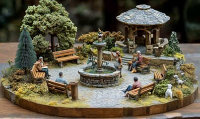Fototapeta premium Miniature park scene with fountain, gazebo, and figures.